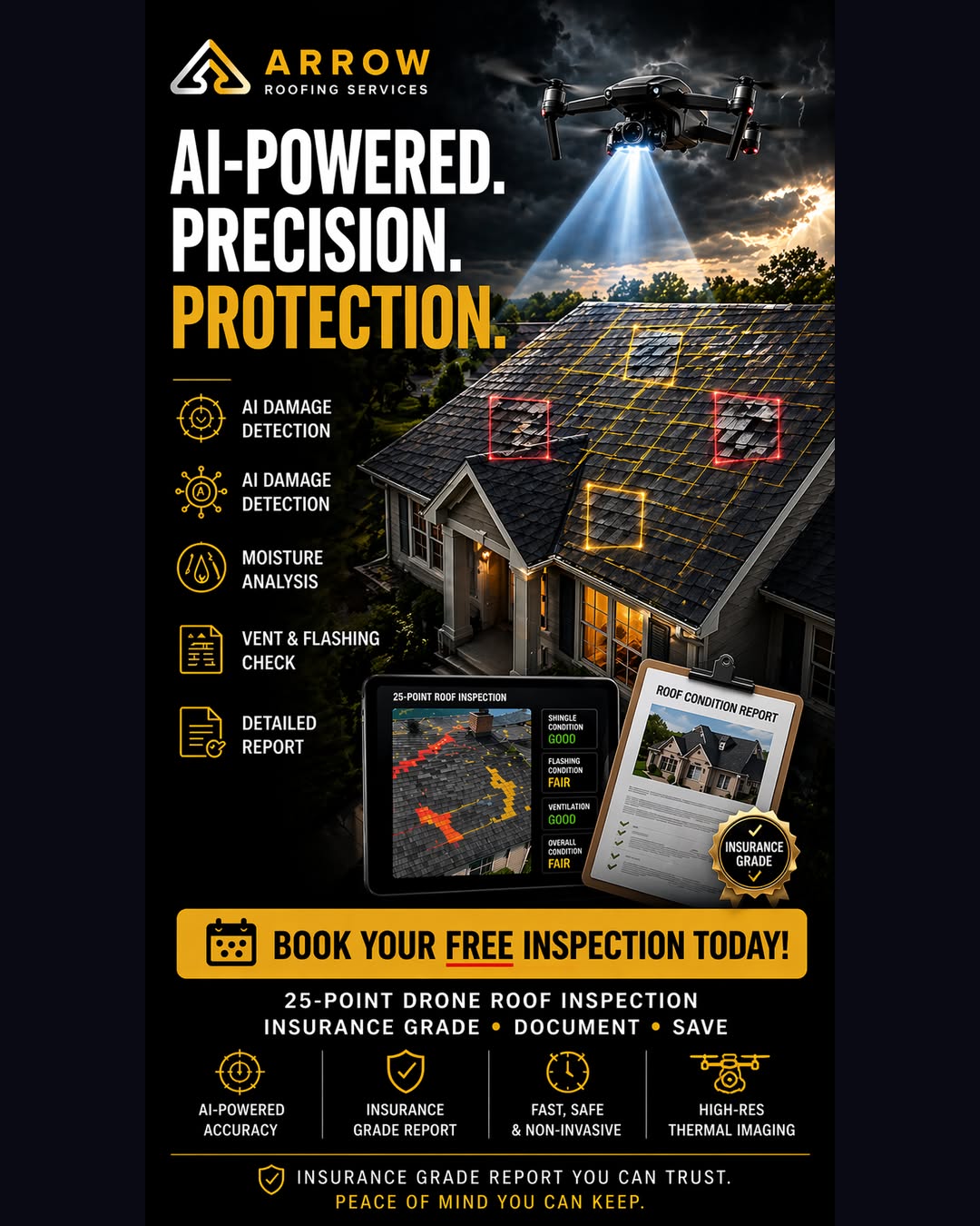 Drone with blue scanning beams over roof