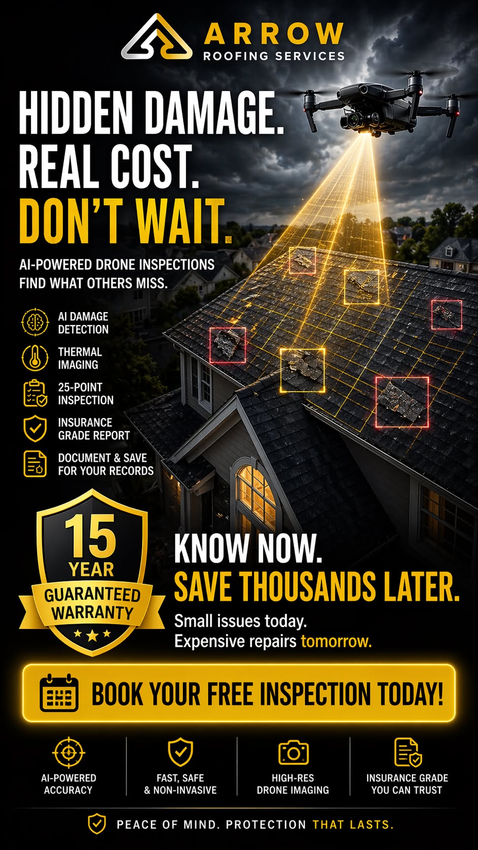 Drone with yellow grid scan over dark roof